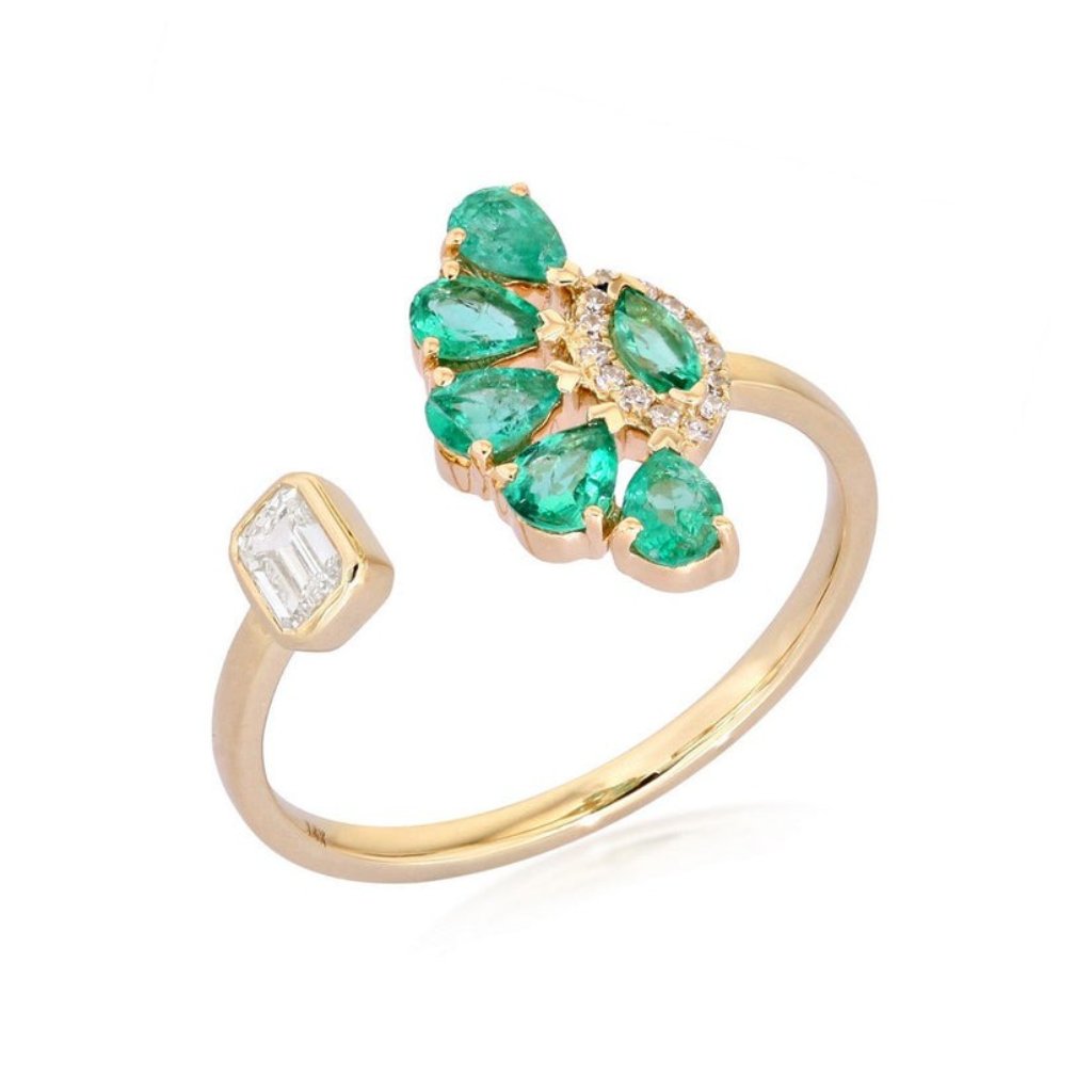 Open Ring 14k (Or 18k Upon Request) Yellow Gold Emerald Cluster Diamond Ring